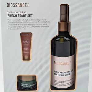 Biossance Fresh Start Set: Squalane Cleanser, Omega Repair Cream, Lip Balm NIB